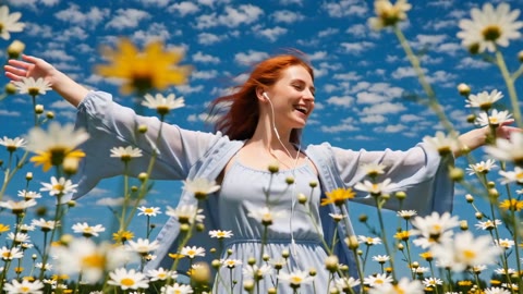 A joyful red-haired woman dancing freely in a flower-filled