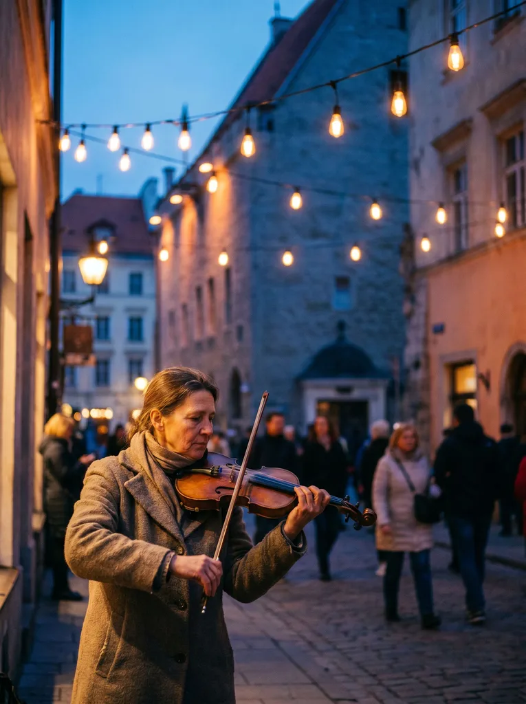 Street violinist under warm string lights in an old-town