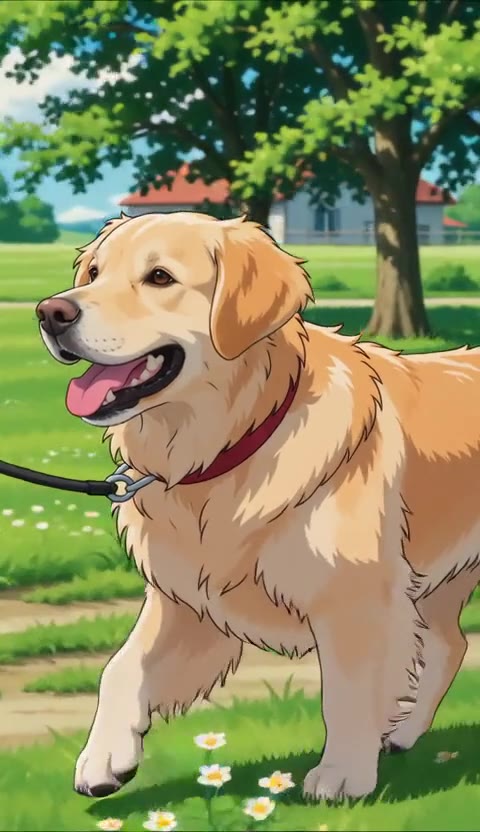 A golden retriever running through a meadow