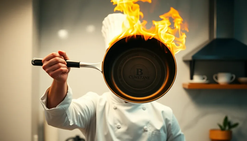 Excited chef holding up a flaming pan toward camera