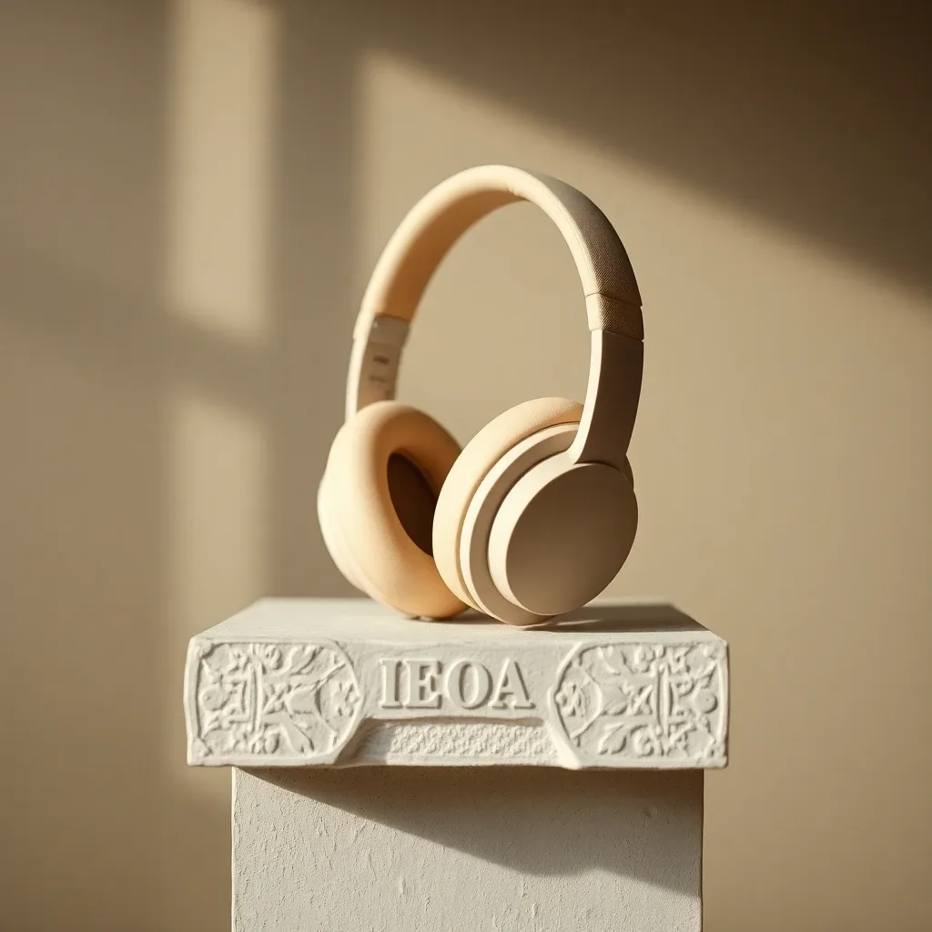 Matte sand-colored headphones on a sculptural plaster block